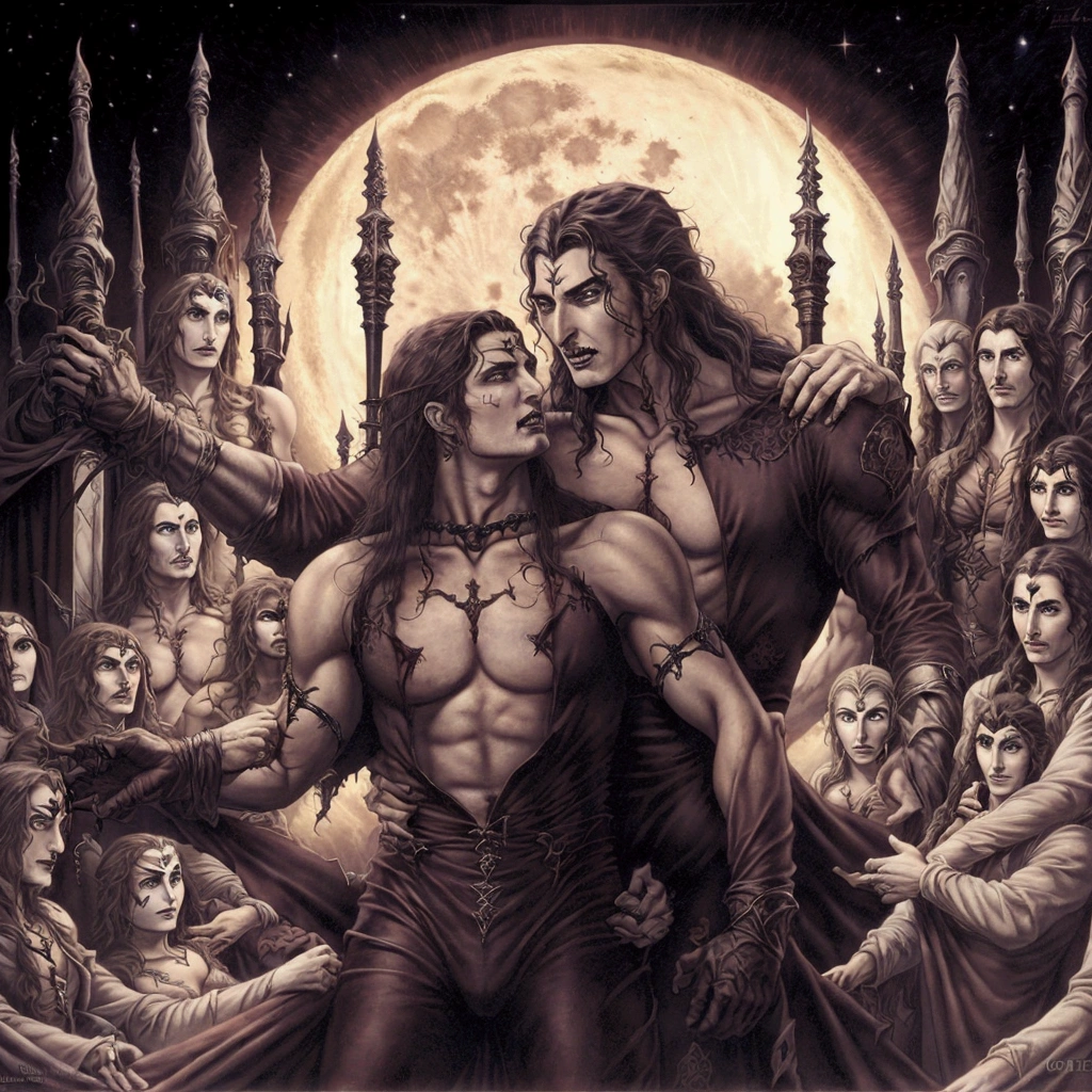 a couple of vampires are hugging in front of a full moon, castelvania, castlevania, castlevania inspired, vampires fantasy, anime vampires, gothic romance, donato giancola and tom bagshaw, gerald brom and vincent di fate, james jean and clyde caldwell, vampre the masquerade, comic cover art, akehiko inoue and ross tran