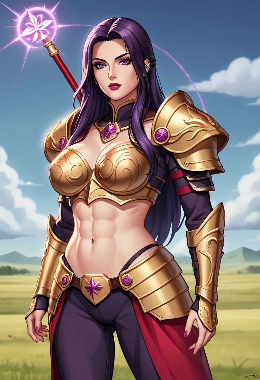 The female warrior's armor is a testament to her strength and determination. Each piece is intricately crafted, with symbols and designs that tell the story of her past battles. As she stands in the field, the stormy sky above seems to reflect her fierce spirit, ready to conquer any challenge that comes her way.in anime