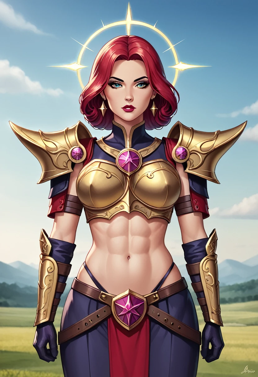 The female warrior's armor is a testament to her strength and determination. Each piece is intricately crafted, with symbols and designs that tell the story of her past battles. As she stands in the field, the stormy sky above seems to reflect her fierce spirit, ready to conquer any challenge that comes her way.in anime 