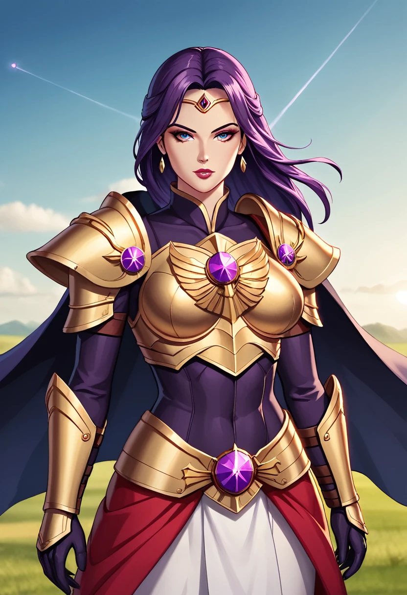 The female warrior's armor is a testament to her strength and determination. Each piece is intricately crafted, with symbols and designs that tell the story of her past battles. As she stands in the field, the stormy sky above seems to reflect her fierce spirit, ready to conquer any challenge that comes her way.in anime 