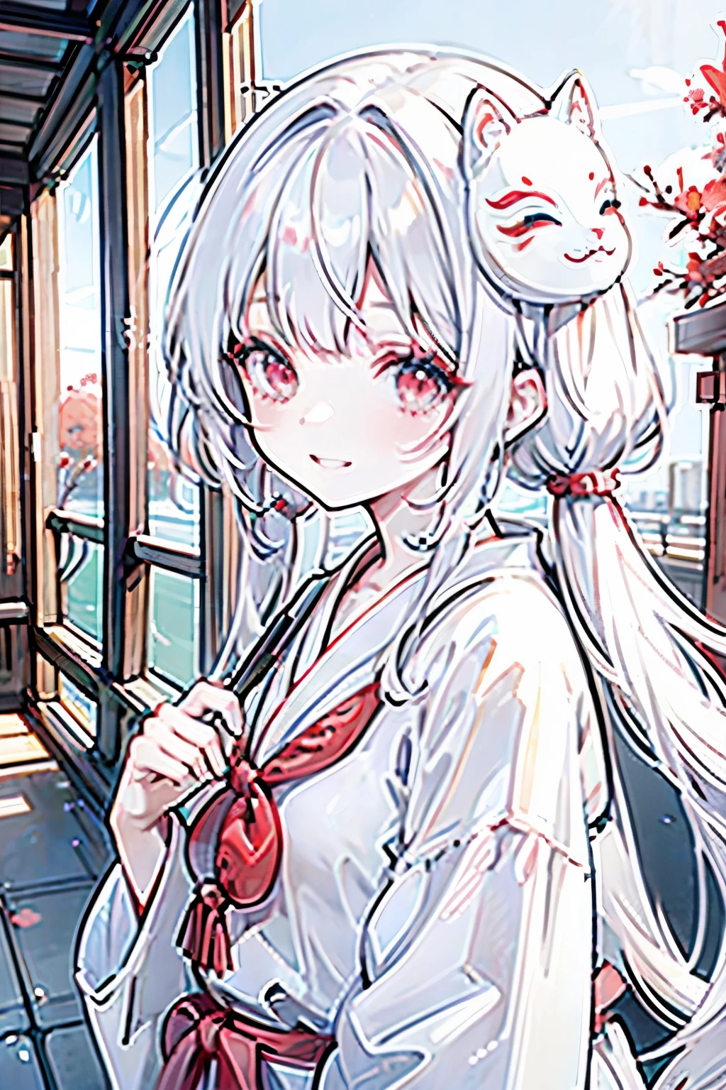 Girl、White Hair、Short twin tails、Short Bob、Transparent eyes、Deep red eyeiko costume、god々Shii、ephemeral、Fanatics、Crazy smile、A person wearing an animal mask on the side of their head、AKANE、madder、Shrine maiden