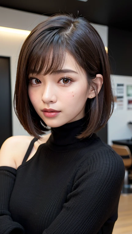 (((Face close-up)))、(((Brown, shoulder-length, straight short bob)))、(((She is posing like a model at a hair salon., Indoors, against a black wall.)))、(((Casual black winter long sleeves covering the shoulders)))、Half Japanese, Half Korean、18-year-old girl、Independent、I&#39;m looking forward to、Light eye makeup、Brown Hair Color、Flat 、Hair blowing in the wind、Quality of actress、Shiny, Ultra-realistic faces、smile、Watery eye、look up、Subtle lighting effects、 Ultra-Realistic Capture、Very detailed、High resolution 16K human skin closeup。Skin texture must be natural、The detail must be such that the pores are clearly visible.、skin is healthy、Even Tone、Use natural light and colour、Worn out, High quality photos taken by modeling agencies&#39;In-house photographer.、smile、(((Sigma 300mm F/1.4,1/1000 sec shutter,ISO400))) 