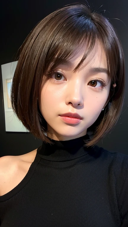 (((Face close-up)))、(((Brown, shoulder-length, straight short bob)))、(((She is posing like a model at a hair salon., Indoors, against a black wall.)))、(((Casual black winter long sleeves covering the shoulders)))、Half Japanese, Half Korean、18-year-old girl、Independent、I&#39;m looking forward to、Light eye makeup、Brown Hair Color、Flat 、Hair blowing in the wind、Quality of actress、Shiny, Ultra-realistic faces、smile、Watery eye、look up、Subtle lighting effects、 Ultra-Realistic Capture、Very detailed、High resolution 16K human skin closeup。Skin texture must be natural、The detail must be such that the pores are clearly visible.、skin is healthy、Even Tone、Use natural light and colour、Worn out, High quality photos taken by modeling agencies&#39;In-house photographer.、smile、(((Sigma 300mm F/1.4,1/1000 sec shutter,ISO400))) 