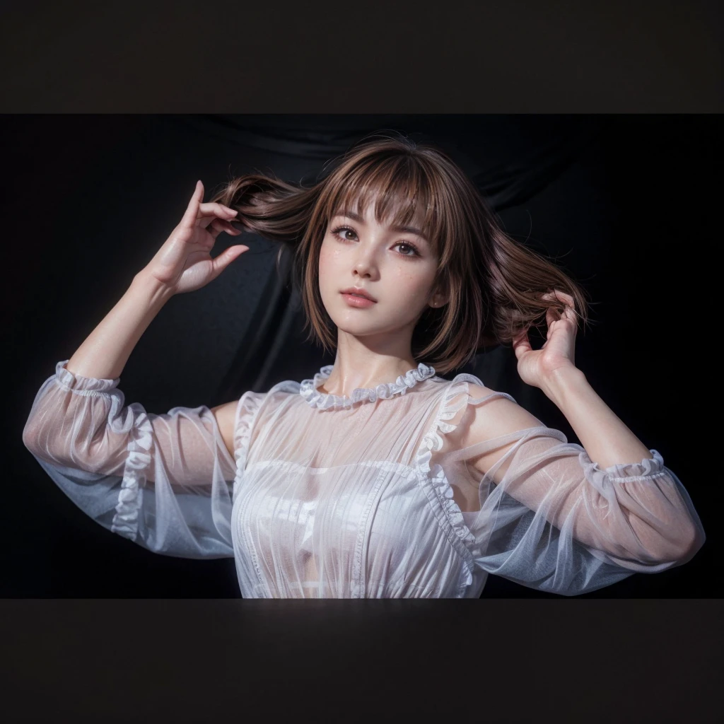 Kasumi, brown eyes, (best quality, ultra-detailed), (realistic:1.37), beautiful and detailed face, ultra-realistic texture, delicate face, delicate body, red lipstick, bright colors. High definition, 8K. with an expression of a slight cute smile