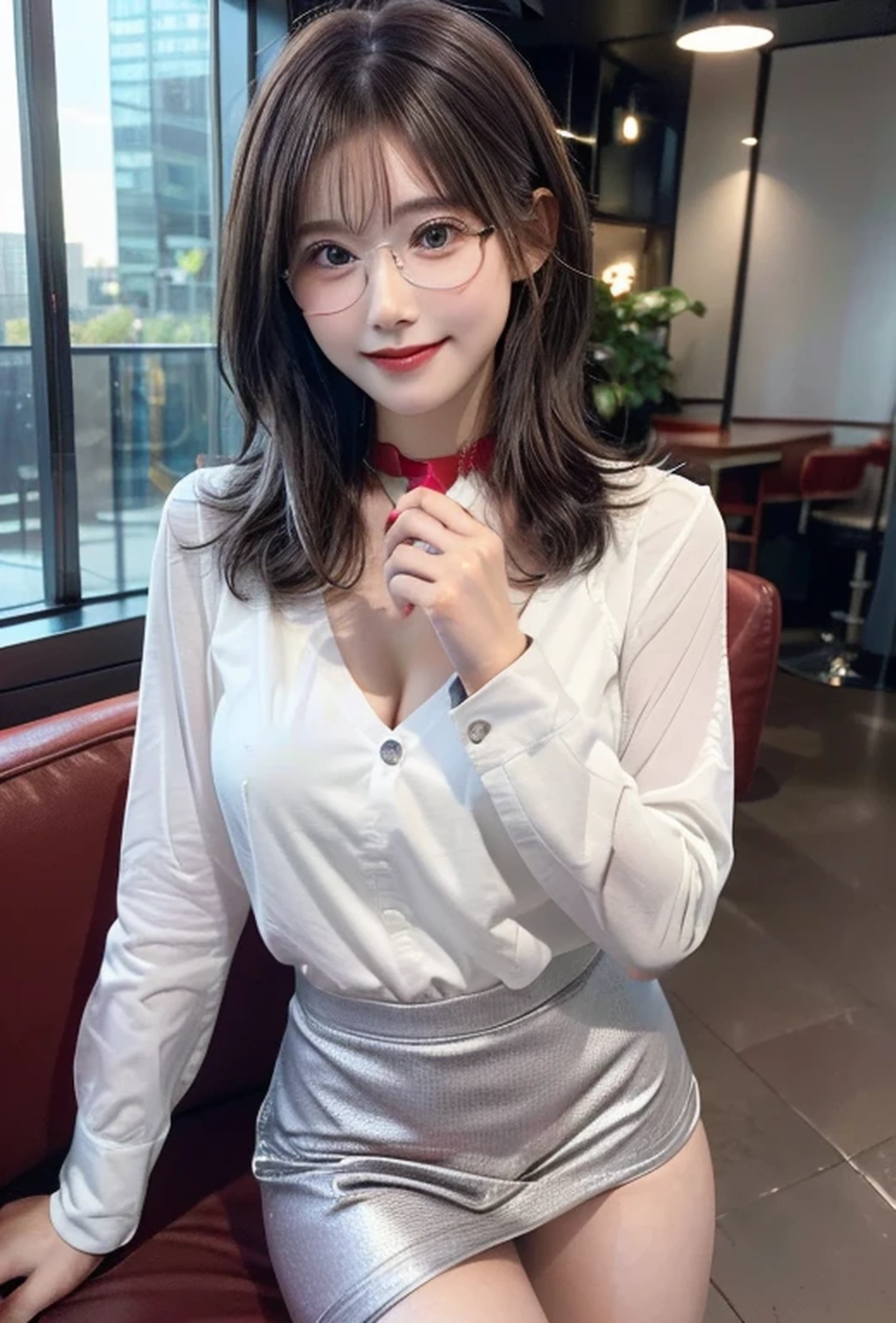 (Photorealistic:1.8, Highest quality:1.8,8K masterpiece:1.8,High resolution,Mastepiece:1.8,RAW Photos,Cinematic lighting)、Detailed Background、((Flat Color))、((colorful))、morning、Cafe、Window light、（A female secretary holding a coffee cup)、TWICE&#39;s Tzuyu&#39; on pause、Top view angle、
（choker、Glasses、big chest、White shirt、mini skirt、Wide open chest、Beautiful thighs、Beautiful breasts）、（happy、smile、A rich expression）、(Medium Hair、Beautiful, shining red, white, brown and silver hair:1.5)、Sparkling Blue Eyes、Random Pause