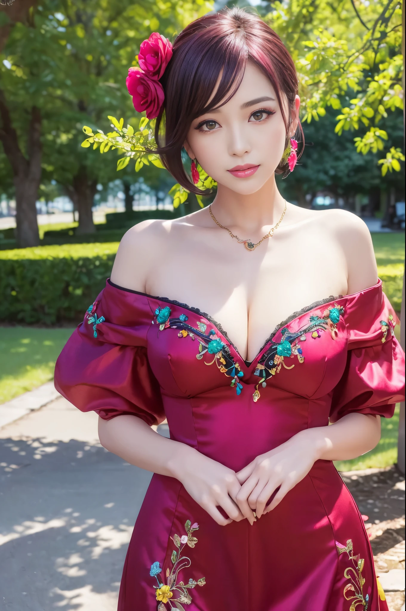 (masterpiece:1.4), (best quality:1.4), ultra high res, ultra high resolution, ((detailed features)), HDR, (realistic, photorealistic, photo-realistic:1.37), full body Esbian, sexy Vamese model, (-anime), vivid colors, ((vivid colors multicolor (red, fuchsia) very short hair)), (big smile), lip-gloss, long lashes, beautiful makeup, defined eyebrows, wearing large sparkling colorful jewelery, wearing a red silk Paradise Kiss cosplay dress with black floral embroidery, ((vivid colors outfit)), vivid colors, look at the camera, cinematic light, large park background with trees, sweet and sexy pose