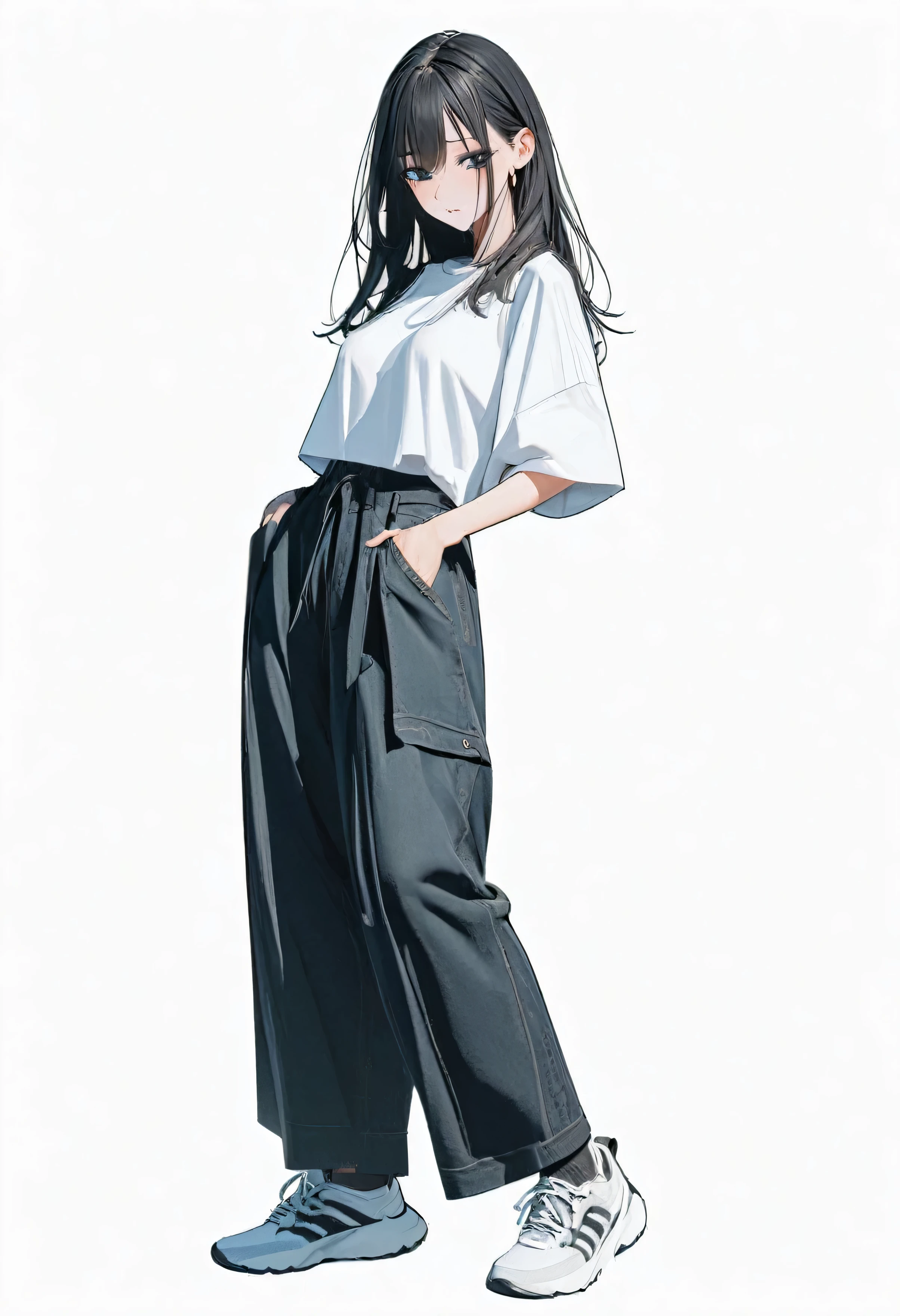 (best, highest resolution: 1.2, 8K), center, full body focus, adult female, only one person, shirt, wide pants, simple sneakers, simple background, white background, open eyes, delicate eyes, beautiful eyes, black eyes