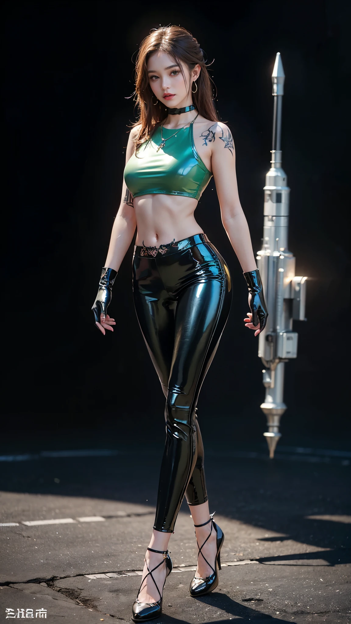 ((masterpiece:1.4)、(Highest quality:1.4)、(Realistic:1.7))、Masterpiece:1.4、(Top-notch rendering:1.4)、(Space Federation 3WA Special Agency Female Officer:1.4)、Super Beautyエージェント、(By Luis Royo:1.4)、Ready your gun?:1.2、(Futuristic sci-fi battle fashion:1.2)、(Street Style Wear)、(Tight Fit Pants)、(Shiny luxury latex:1.4)、(Luxury Red Latex:1.4)、22 years old、(Cute Tattoos:1.4)、(Wearing black gloves)、Cute Girl、Super Beauty、(Seductive pose)、Sharp Focus、Portrait Photography:1.4、8k、Photorealistic images:1.4、(Perfect female body:1.4)、Perfect proportions、(Standing:1.4)、(Upper body shot:1.4)、Beautiful Face、Fearless look、Beautiful Eyes、(A girl with a beautiful body and slender abdominal muscles)、(Narrow waist:1.4)、(9-body proportions beautiful girl:1.4)、(A beautiful girl with long legs and a good figure:1.4)、Beautiful feet:1.2、(Long Hair:1.2)、Heavy makeup、Eyeshadow、Glow Eye、Glow Lip、Beautiful breasts、Large Breasts:1.2、sexy ass、(Standing facing forward:1.4)、Raw photo、Red lips、Red high heels:1.4、choker:1.4、necklace:1.4、Earrings:1.4、1 Screen Display:1.4、Beautiful night view of cyberpunk city:1.2