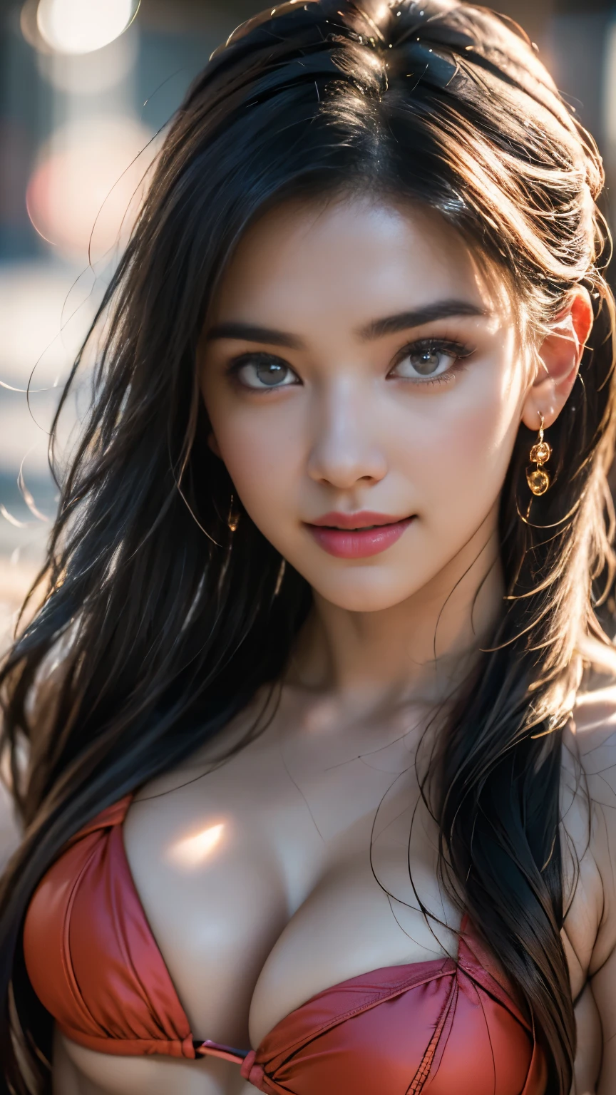 1girl, Goddess ,4k , very cute, amazing face and eyes, (beautiful nice smile), (very detailed beautiful face), bright glowing lips, keep staring at me, super beautiful, big breasts, (cute bikini: 1.3), (highest quality: 1. 4), (hyper quality), (super detailed) (Hyperreal, Photorealsitic: 1.37), real skin texture, highly detailed CG integrated 8K wallpaper, RAW photos, professional photos, cinematic lighting, glow, youth, Maltese landscape, wind, Translated with DeepL.com (free version)