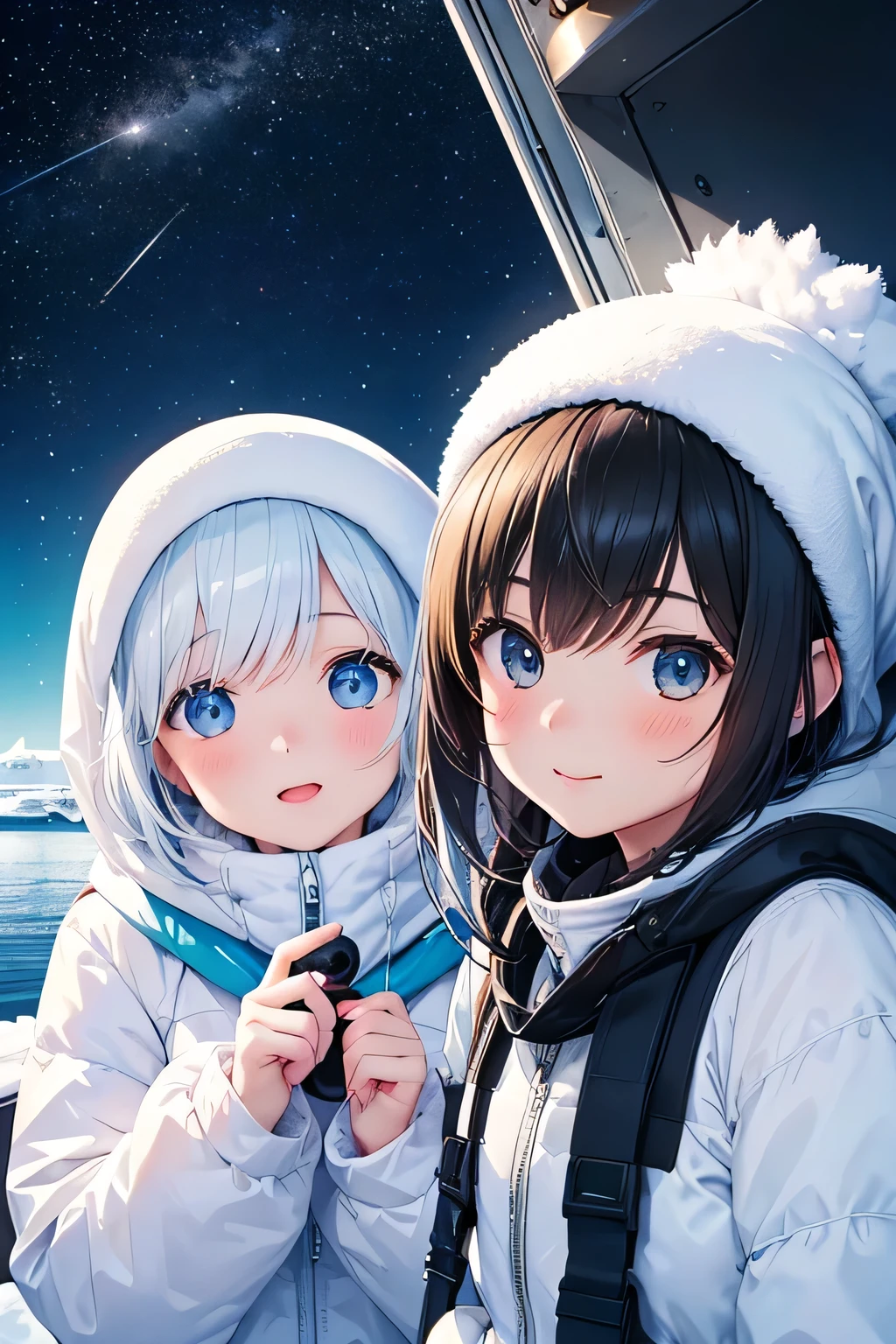 Highest quality、High resolution、Detailed Background、(Beautiful face in every detail:1.4)、Anatomically correct、(Normal number of fingers:1.2)、(Detailed eyes:1.2)、age beauty、Highly detailed face、Perfect body line、Light color hair、ponytail、Bobcut、well-groomed eyebrows、cute gesture、The natural beauty of Antarctica、Enjoy in nature、The mysterious atmosphere of Antarctica、
(Two girls enjoying the nature in Antarctica:1.5)、
Small penguins wrapped in fluffy feathers look at me curiously.、I quietly approached the penguins, stretched out my hands, and enjoyed the small interactions.、Zodiac boat cruise on the ocean with giant icebergs floating、The glittering iceberg looks like a jewel box.、I'm clinging to the window and admiring the magnificent view.、
The night sky is filled with stars、There are so many stars shining like I've never seen before、While snuggling in a sleeping bag with friends and looking up at the stars「Are there aliens??」I'm talking to、
Walking on snowshoes across the white snow、They are having fun with their friends, having snowball fights and making snowmen.、
I am overwhelmed by the size of the Antarctic wilderness, but also moved by its beauty.、I find adventures with friends to be a lot of fun.、Through my experience in Antarctica, I began to think deeply about the importance of nature and global environmental issues.、The moment I stepped into the pure white world of Antarctica、The girl's eyes lit up、Every time she touched the fluffy penguins and saw the huge icebergs up close, the girl's words always『amazing!』It was full of the words、The sight of them chatting with their friends under the starry sky was like a pair of little explorers.、This experience must have been a memory that the girl will never forget.、cute