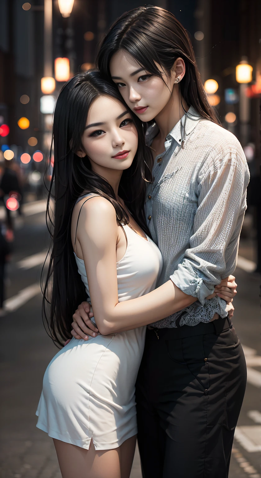 woman、male with long hair、Age 25,Embrace each other、A comfortable face、City night view、