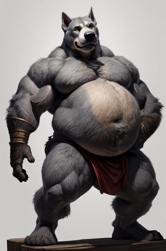 Anthro, male, canine, dog, pitbull:1.4, (grey fur:1.8),( cut ears:1.0), chubby:1.2, round belly, huge belly, bloated belly, big body, wide body, thick furry neck and chest fluff, (middle-age), (musclegut:1.4, thick body:1.2), (yellow eyes:1.2, detailed smiling expression:1.2, kind expression: 1.2), detailed black eyes,tail, detailed fluffy fur, detailed face expression, (white background:1.6, standing pose:1.4 , looking at viewer:1.2, full body:1.2), ((intricate detail fluffy fur texture)), (by darkgem),(by OnePotatoATime),(by adios:1.2),(by taran fiddler),4k,masterpiece,full hd, BREAK