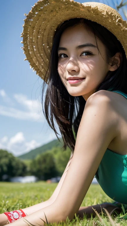 (Highest quality,masterpiece:1.3,Ultra-high resolution),(Very detailed,Caustics,8k),(Realistic:1.4,RAW shooting),18-year-old,cute,Japanese,Straw hat,Black hair medium hair,(one piece),(smile),Looking into the camera,blue sky,sun,(Top of the Hill),(Tall green grassland:1.1),(Sit on the grass),(Ground level shot:1.1),(Waist up shot),(Face Focus),(Face close-up),(Low position:1.1),(Low Angle:1.1),Natural light