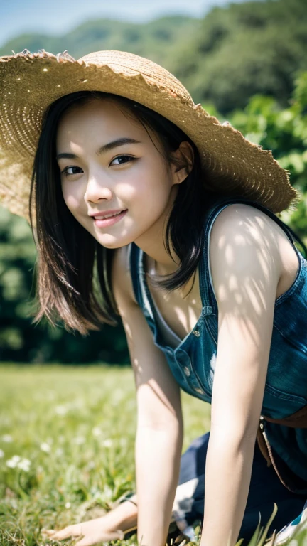(Highest quality,masterpiece:1.3,Ultra-high resolution),(Very detailed,Caustics,8k),(Realistic:1.4,RAW shooting),18-year-old,cute,Japanese,Straw hat,Black hair medium hair,(one piece),(smile),Looking into the camera,blue sky,sun,(Top of the Hill),(Tall green grassland:1.1),(Sit on the grass),(Ground level shot:1.1),(Waist up shot),(Face Focus),(Face close-up),(Low position:1.1),(Low Angle:1.1),Natural light