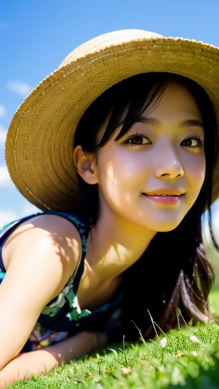 (Highest quality,masterpiece:1.3,Ultra-high resolution),(Very detailed,Caustics,8k),(Realistic:1.4,RAW shooting),18-year-old,cute,Japanese,Straw hat,Black hair medium hair,(one piece),(smile),Looking into the camera,blue sky,sun,(Top of the Hill),(Tall green grassland:1.1),(Sit on the grass),(Ground level shot:1.1),(Waist up shot),(Face Focus),(Face close-up),(Low position:1.1),(Low Angle:1.1),Natural light