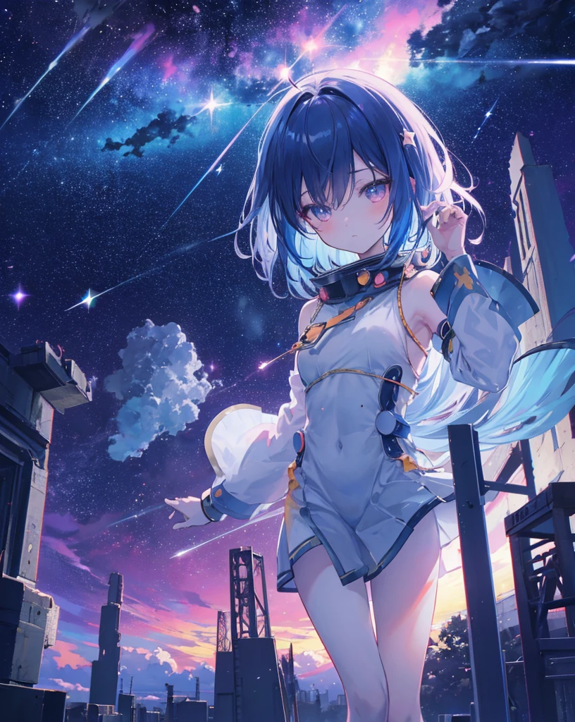 master part, high, high quality, detailed face, detailed body rendering, full body 1girl, solo, nude, , ponytail blue hair, blue eyes, large breasts, lipstick, Standing, Blushes, smile, sexy pose, full body, space, moon and stars, nebula, galaxy,
