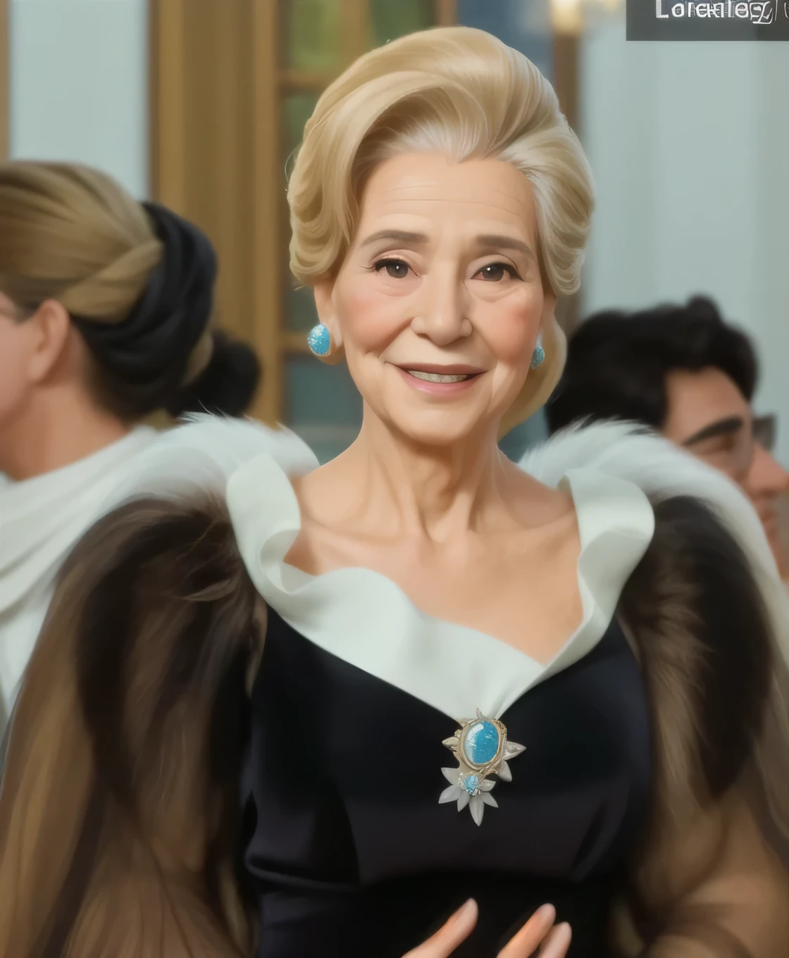 Elderly Woman First Lady of Colombia Lorenza Villegas de Santos , He is 85 years old, he has many wrinkles on his forehead, you can see them., He has wrinkles on the sides of his eyes  ,wrinkles on the neck ,she has a shiny black evening dress, with a fur stole on her shoulders