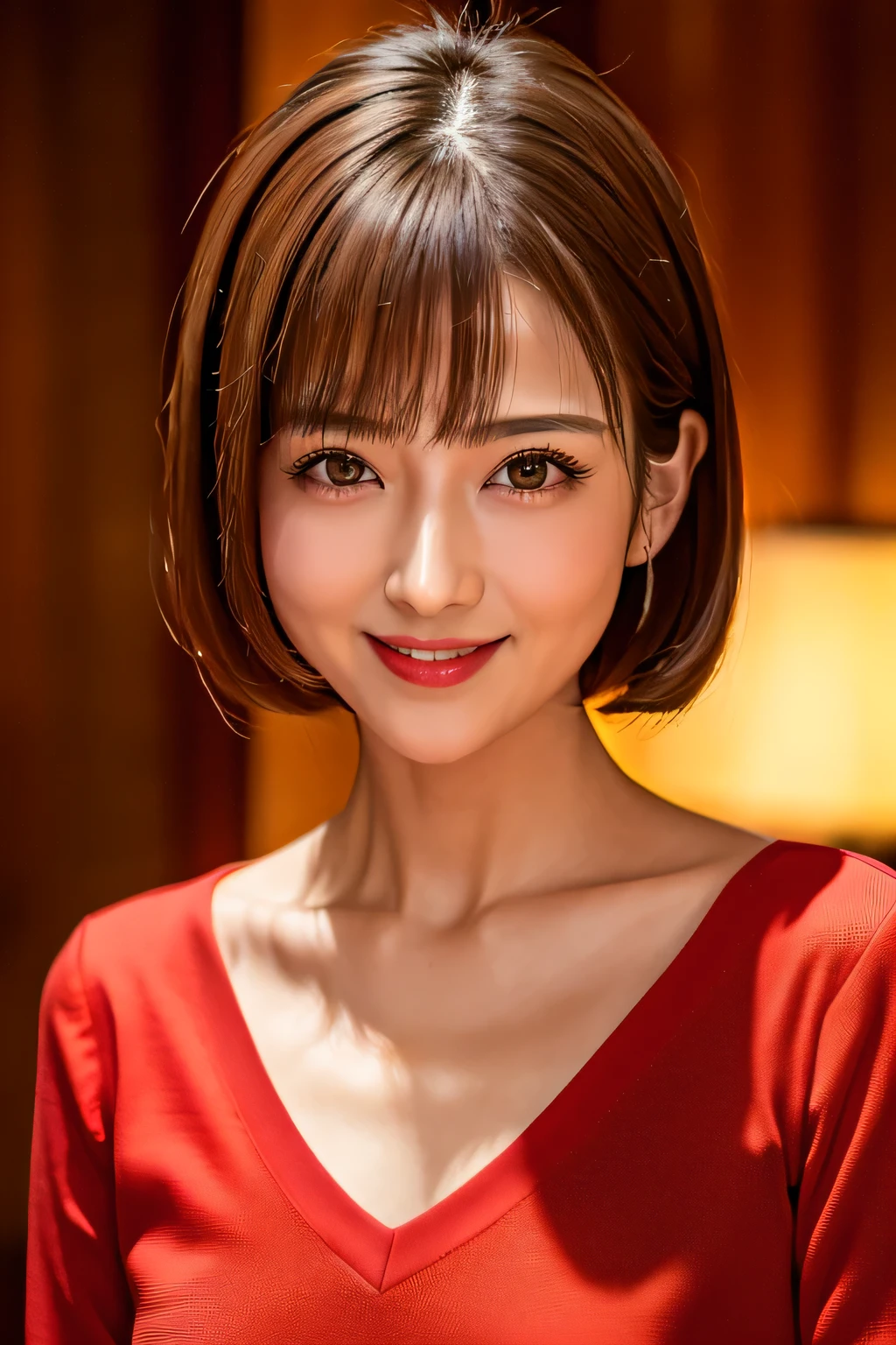 Highest quality. Tabletop, 8k, Best image quality, Award-winning works, One Girl, , Perfect V-neck long knit red sweater, Waist up upper body shot, (Look forward), Red eyeshadow, Perfect Makeup, Long eyelashes, Ultra HD Shining Eyes, Ultra HD Hair, Ultra-high resolution glossy lips, , Ultra HD cute face, Brown Hair, Very short straight hair, Look at me and smile, clavicle, Accurate anatomy, Face close-up, Luxury Love Hotel, The most atmospheric and warm lighting, Blurred Background