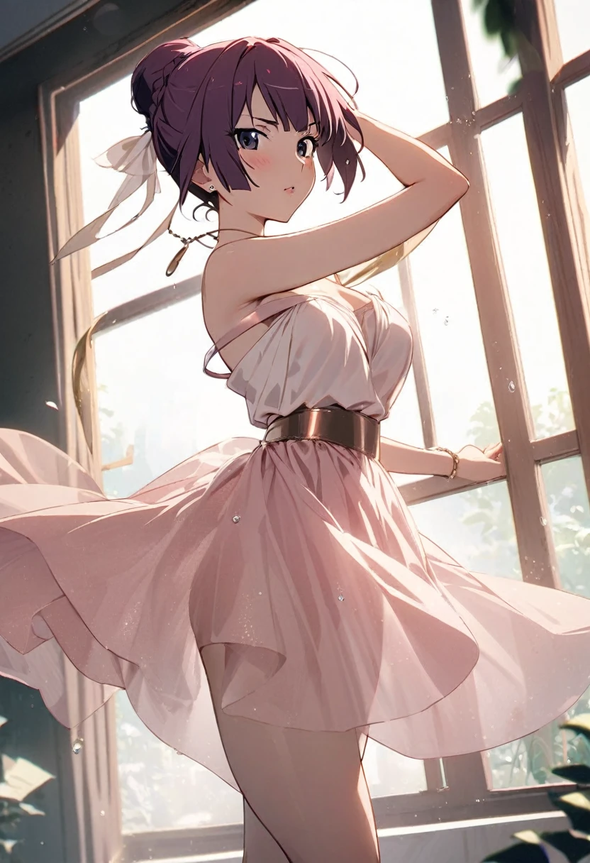 1girl, Senjougahara Hitagi, monogatari (series), masterpiece, best quality, absurdres, soft natural lighting, ballet-inspired high fashion, summer theme, graceful pose, refined setting clothing:
- Blush pink silk wrap dress with a flowing skirt
- Delicate tulle overlay on the skirt for added volume
- Off-shoulder neckline with subtle ruching
- Thin satin ribbon belt at the waist
- Nude-colored leather ballet flats with crossed ankle straps
髪型:
- Sleek ballet bun with a modern twist
- Thin braided headband
アクセサリー:
- Delicate rose gold bracelet with small dangling pointe shoe charm
- Tiny diamond stud earrings
- Thin rose gold necklace with a small pearl pendant
メイク:
- Soft, ethereal makeup
- Rosy cheeks and lips
- Subtle shimmer on eyelids
- Long, curled eyelashes pose and environment:
- Standing in a graceful ballet-inspired pose
- One arm elegantly raised
- Soft, diffused natural light coming through large windows
- Minimalist, high-end dance studio setting with a ballet barre visible
小物:
- Sheer chiffon wrap draped over one arm
- Designer dance bag in soft leather nearby
- Elegant water bottle with a ballet-inspired design