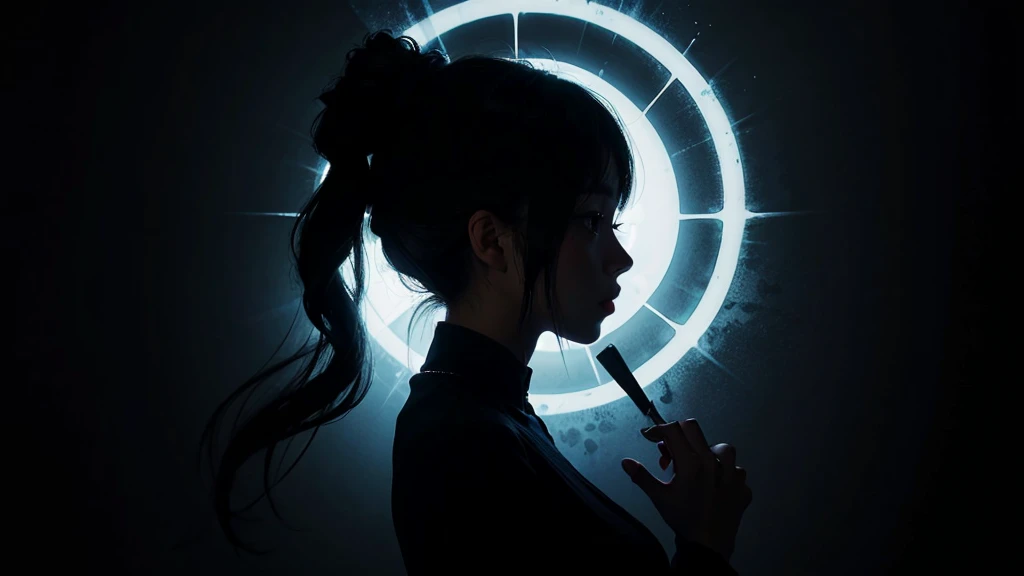 ((best quality)), black wallpaper, Mystic letters, woman silhouette