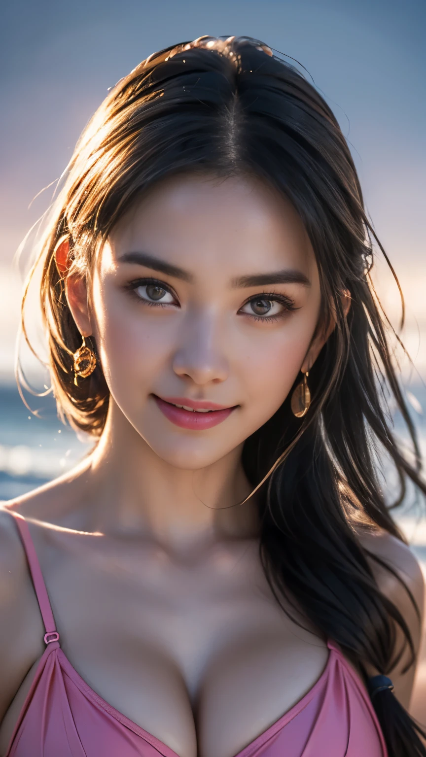 1girl, Goddess ,4k , very cute, amazing face and eyes, (beautiful nice smile), (very detailed beautiful face), bright glowing lips, keep staring at me, super beautiful, big breasts, (cute bikini: 1.3), (highest quality: 1. 4), (hyper quality), (super detailed) (Hyperreal, Photorealsitic: 1.37), real skin texture, highly detailed CG integrated 8K wallpaper, RAW photos, professional photos, cinematic lighting, glow, youth, Maltese landscape, wind, Translated with DeepL.com (free version)