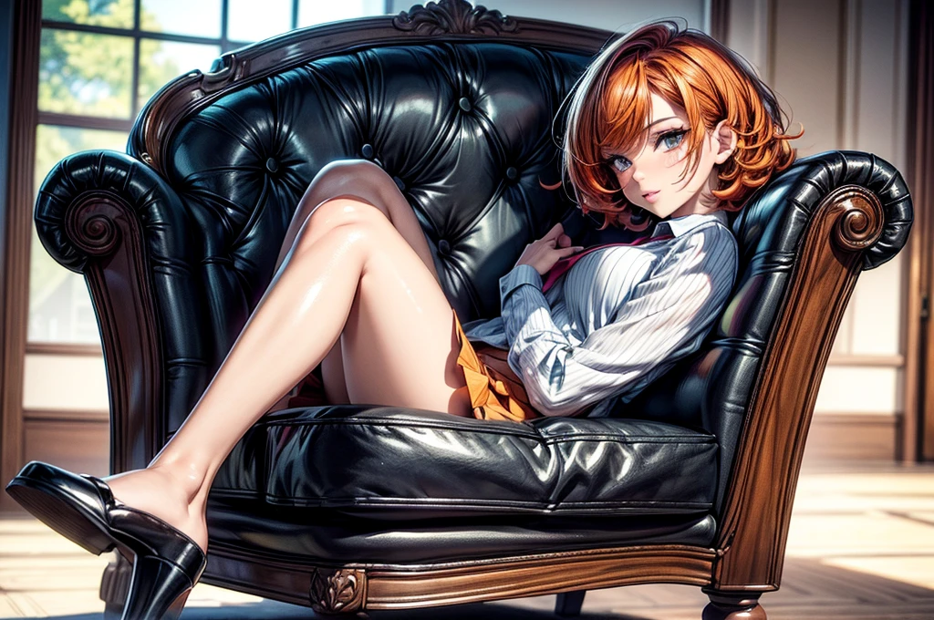 (masterpiece)(8k)(cute)(close-up) a 18-year old girl, dress shirt, skirt, sitting on chair, leg hanging over armchair, lewd, upskirt, (pubic hair:1.2), orange hair, short hair, wild hair, lime green pupils, seductive smile, (glossy lips:1.1), shiny lips, eyeshadow, rossdraws pastel, digital wallpaper art, anime 8k style, blurry background