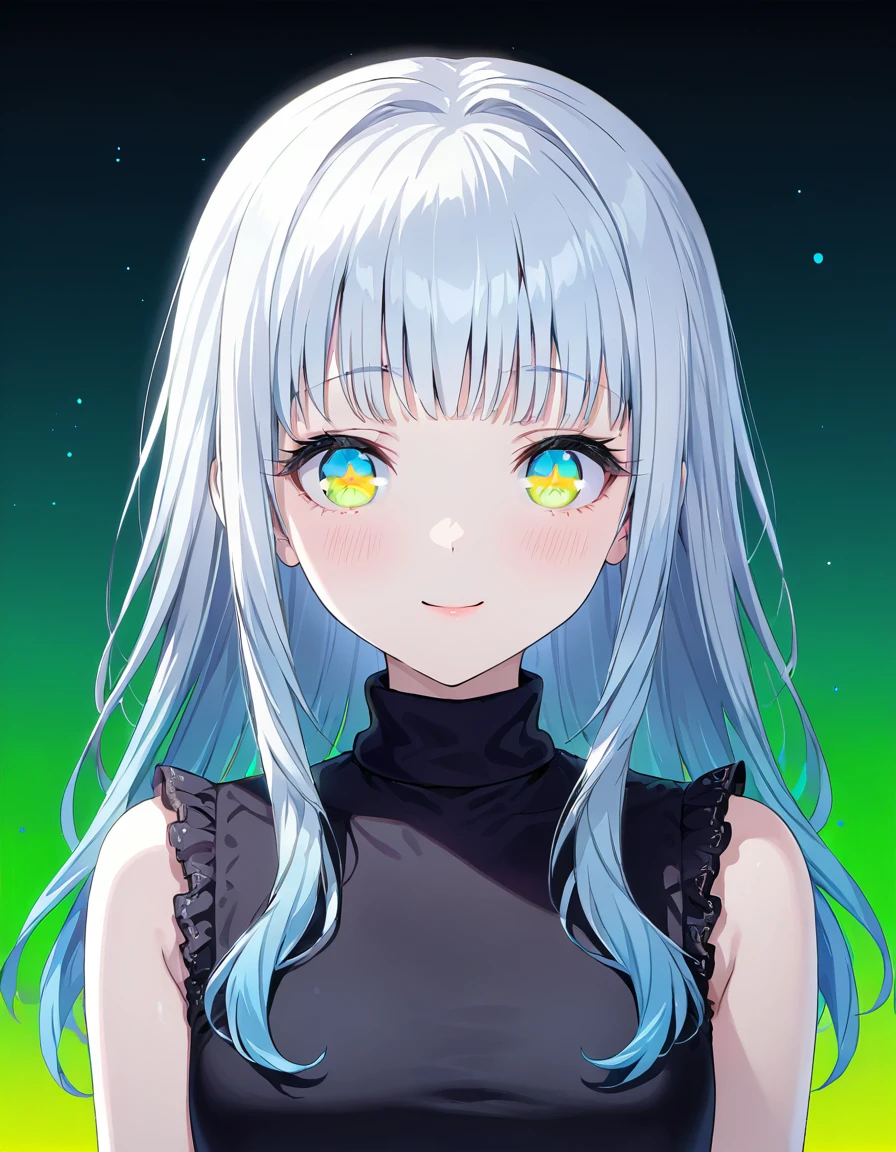 masterpiece, best quality, extremely detailed, (illustration, official art:1.1), 1 girl ,(((( light blue hair)))), ,(((( light blue long hair)))),light blue hair, ,((blush)) , cute face, big eyes, masterpiece, best quality,(((((a very delicate and beautiful girl))))),Amazing,beautiful detailed eyes,blunt bangs((((little delicate girl)))),(((tareme))),droopy eyes.(true beautiful:1.2), sense of depth,dynamic angle,,,, affectionate smile, (true beautiful:1.2),,(tiny 1girl model:1.2),)(flat chest),(masterpiece), (best quality), sharp focuse, (close up), illustration, (detailed hair, detailed face, detailed features structure), ((1 woman, solo)), perfect feminine face, pose zitai,  ((green eyes,yellow eyes, beautiful shapes of eyes)), Casual clothing、black turtleneck outfit, (Gradient  background, Particle background: 1.3)
、score_9,score_8_up,score_7_up,score_6_up,score_5_up, ,, highres,8k,official art, pale skin, shiny skin,  Various hairstyle samples, (((Gradient Eye)))