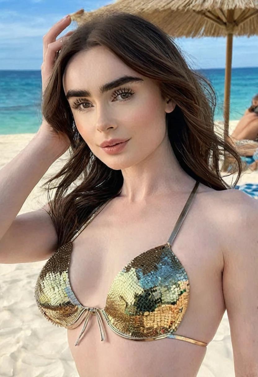 ((Best high quality:1.2)), (8k), extremely detailed, ((High detail:1.2)), (HotLexi woman), Solo, Angelina Jolie Brazilian female with 24 years old)), (bikini),
