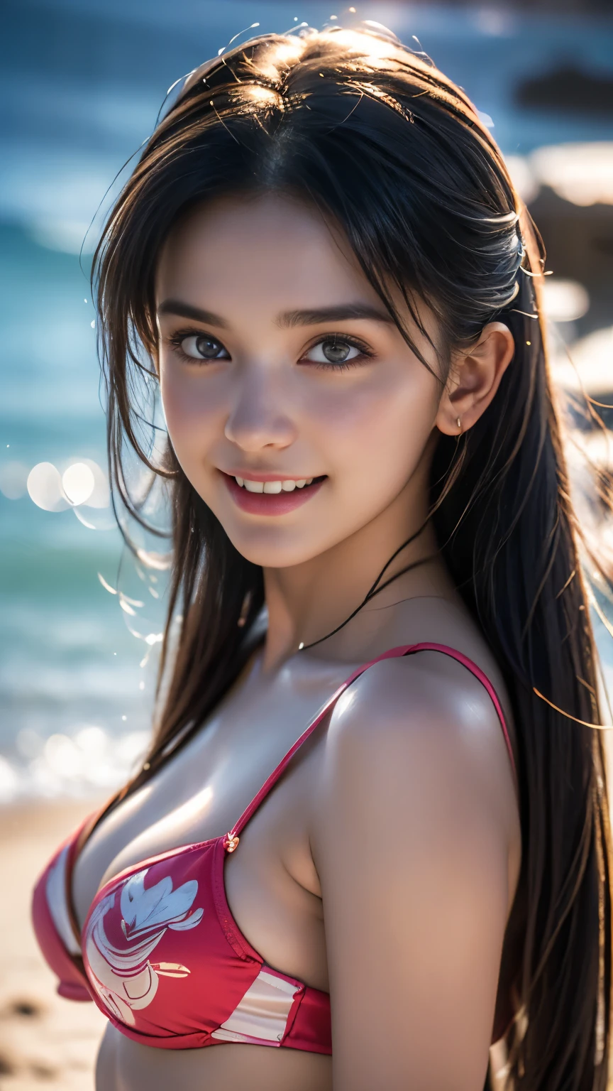 1girl, Goddess ,4k , very cute, amazing face and eyes, (beautiful nice smile), (very detailed beautiful face), bright glowing lips, keep staring at me, super beautiful, big breasts, (cute bikini: 1.3), (highest quality: 1. 4), (hyper quality), (super detailed) (Hyperreal, Photorealsitic: 1.37), real skin texture, highly detailed CG integrated 8K wallpaper, RAW photos, professional photos, cinematic lighting, glow, youth, Maltese landscape, wind, Translated with DeepL.com (free version)