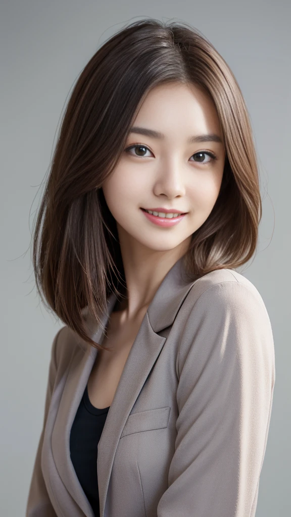 (Very detailedな CG Unity 8k 壁紙, Highest quality, Very detailed, Looking into the camera:1.2, The light shines on your face:1.5, Gray background, Professional Lighting), Japanese women, 26 years old, Brightly lit upper body composition of a face. She has an oval face, Soft arched eyebrows, bright expressive eyes,,, pronounced nose, And a friendly smile. Her hair is shoulder-length, straight, Dyed a pale chestnut color. She is wearing a smart casual blouse, Probably soft colors, Pair it with a chic blazer, Embody her lively and sociable personality