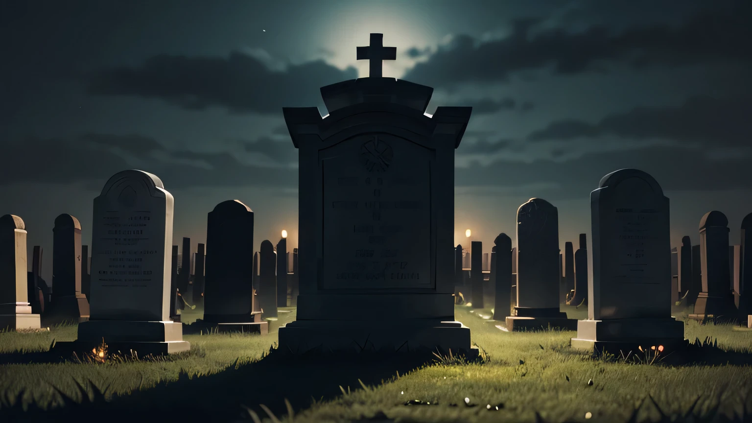 front view of a cemetery tombstone, dark and night landscape