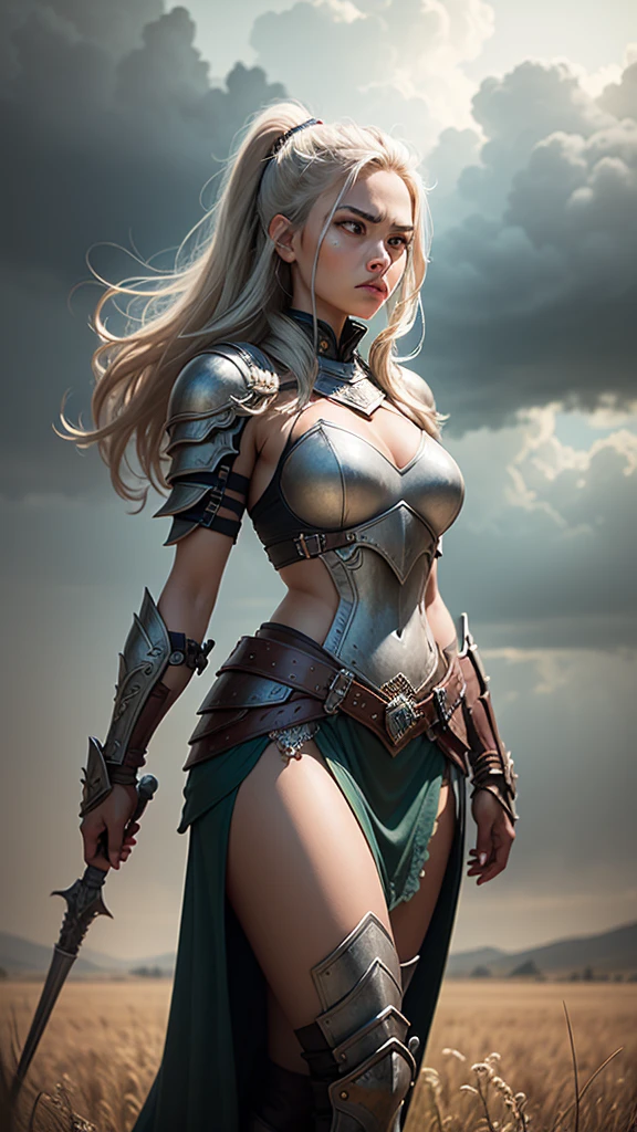 The female warrior's armor is a testament to her strength and determination. Each piece is intricately crafted, with symbols and designs that tell the story of her past battles. As she stands in the field, the stormy sky above seems to reflect her fierce spirit, ready to conquer any challenge that comes her way.