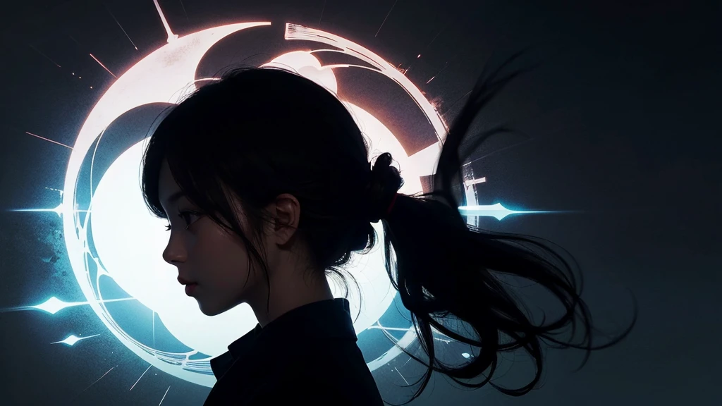 ((best quality)), black wallpaper, Mystic Initial, girl silhouette
