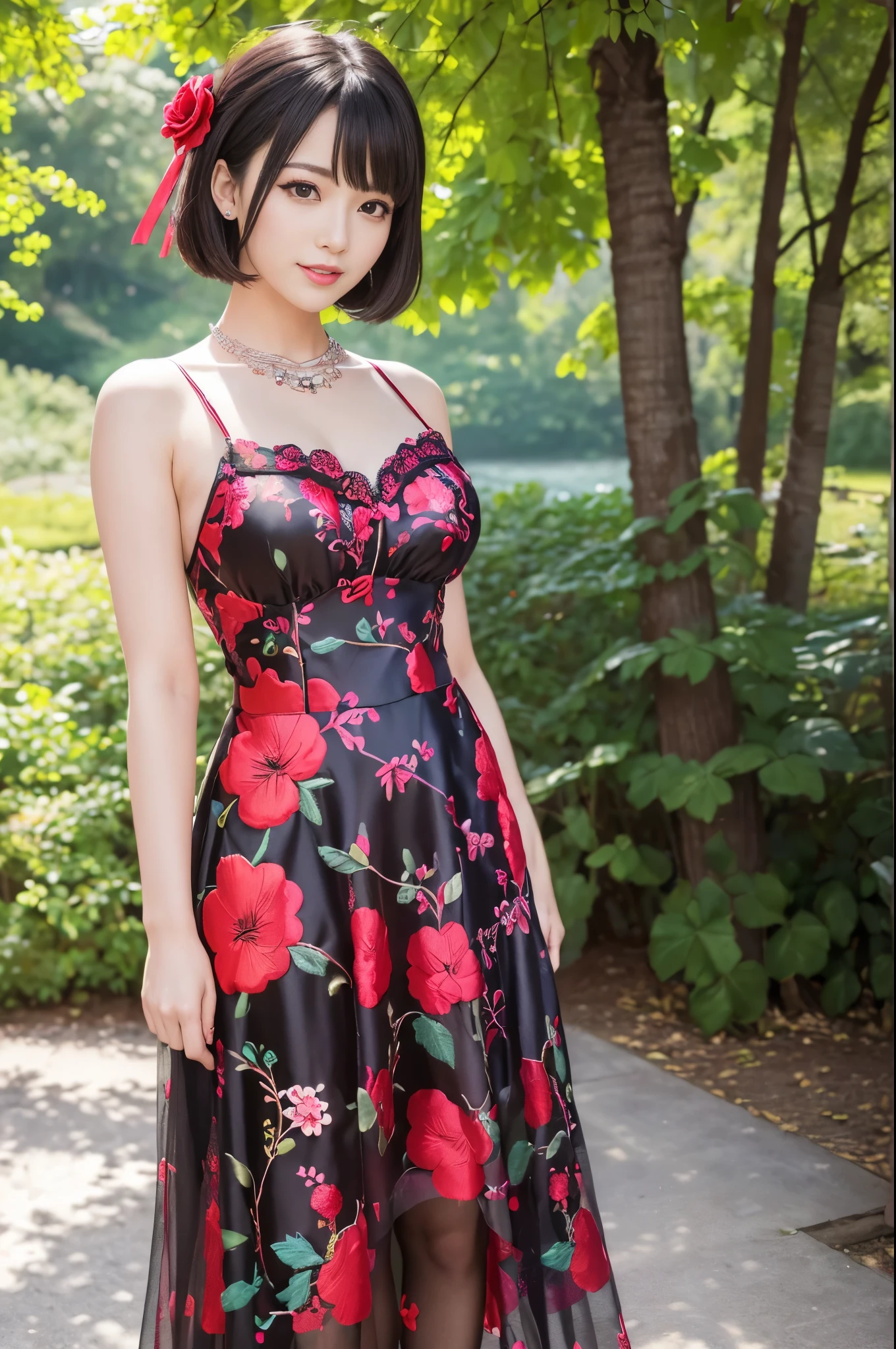 (masterpiece:1.4), (best quality:1.4), ultra high res, ultra high resolution, ((detailed facial features)), HDR, (realistic, photorealistic, photo-realistic:1.37), full body Esbian, sexy Vietnamese model, (-anime), vivid colors, ((vivid colors multicolor (red, pink, fuchsia) very short hair)), (happy smile), lip-gloss, long lashes, defined eyebrows, wearing large sparkling colorful jewelery, wearing a red silk Paradise Kiss cosplay dress with black floral embroidery, ((vivid colors outfit)), vivid colors, look at the camera, cinematic light, large park background with trees, sweet and sexy pose