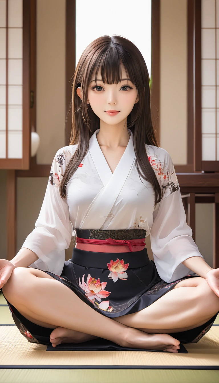 master piece , best quality , (matured female) , japanese , (lotus position) , blouse , bangs