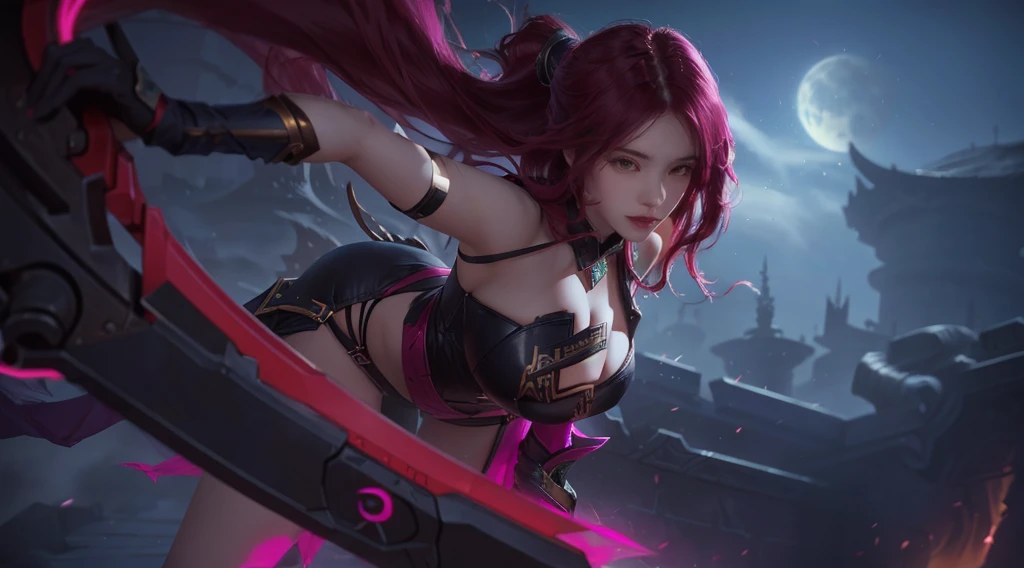 a woman in a red lingerie holding a sword, sexy girl, wild rift, detail, unknown, ashe, katarina, leblanc, style league of legends, mobile legends, style artgerm, ahri, zenra taliyah, from league of legends, splash art, fuchsia skin, style of league of legends, irelia, akali, miss fortune