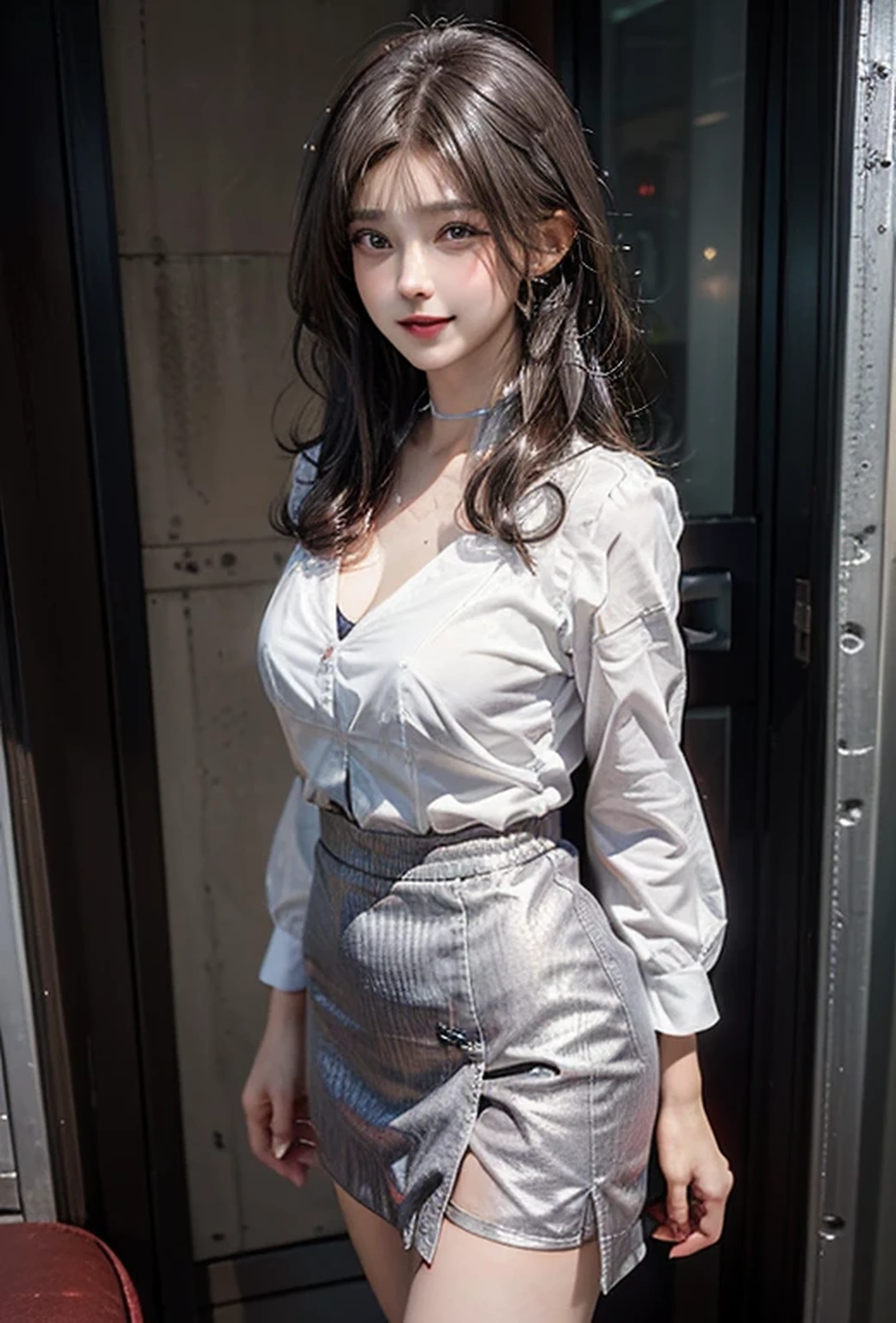 (Photorealistic:1.8, Highest quality:1.8,8K masterpiece:1.8,High resolution,Mastepiece:1.8,RAW Photos,Cinematic lighting)、Detailed Background、((Flat Color))、((colorful))、morning、Cafe、Window light、（A female secretary holding a coffee cup)、TWICE&#39;s Tzuyu&#39; on pause、Top view angle、
（choker、big chest、White shirt、mini skirt、Wide open chest、Beautiful thighs、Beautiful breasts）、（happy、smile、A rich expression）、(Medium Hair、Beautiful, shining red, white, brown and silver hair:1.5)、Sparkling Blue Eyes、Random Pause