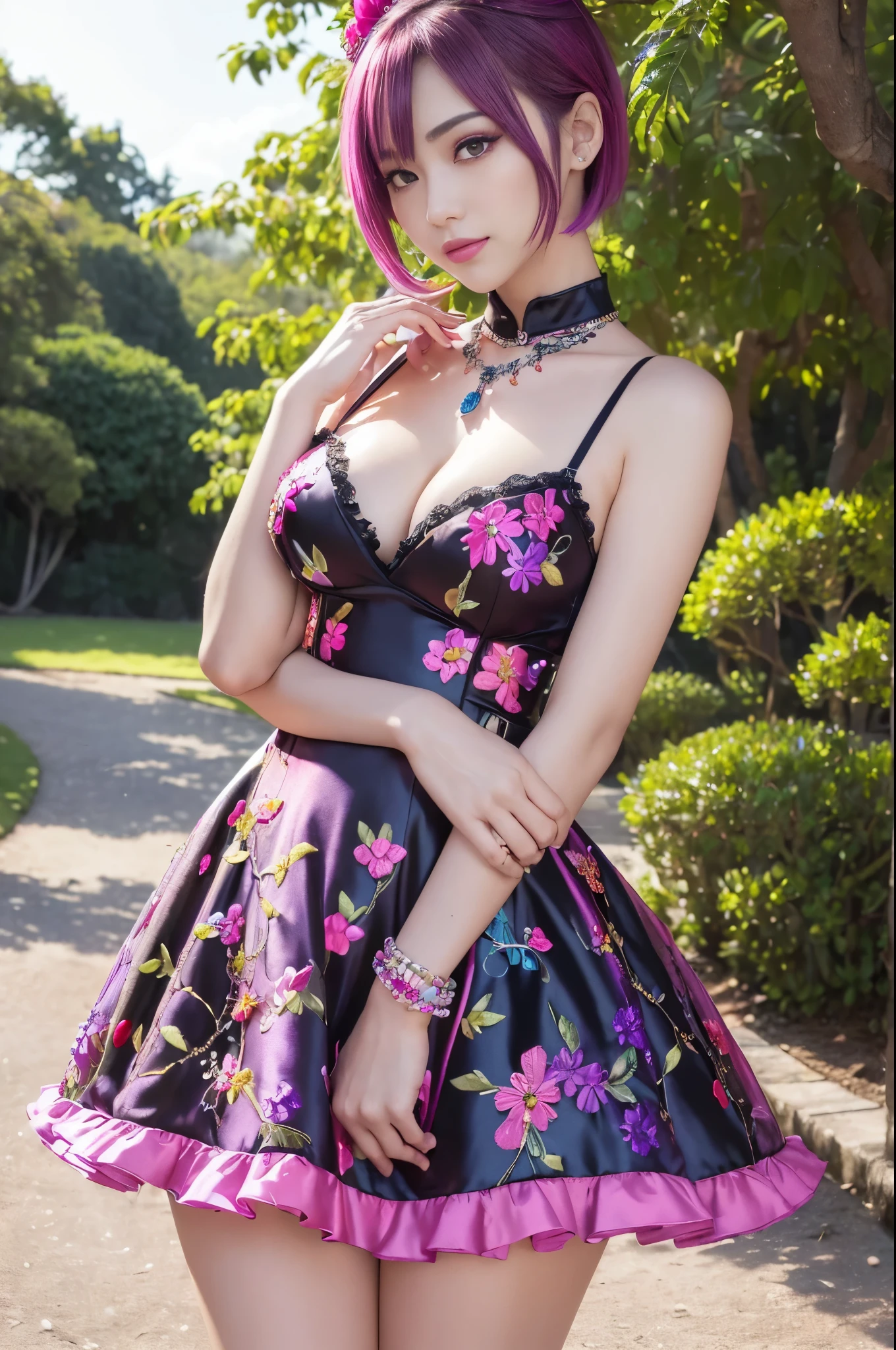 (masterpiece:1.4), (best quality:1.4), ultra high res, ultra high resolution, ((detailed facial features)), HDR, (realistic, photorealistic, photo-realistic:1.37), full body Esbian,  Thai model, (-anime), only 1 model, vivid colors, ((vivid colors multicolor (fuchsia, pink, light blue, purple) very short hair)), (big smile), lip-gloss, long lashes, defined eyebrows, wearing large sparkling colorful jewelery, wearing a red silk Paradise Kiss cosplay dress with black floral embroidery, ((vivid colors outfit)), vivid colors, look at the camera, cinematic light, large park background with trees, sweet and  pose