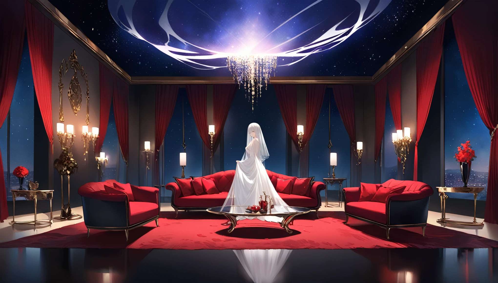 Descriptive Illustration of "Palace of Forbidden Desires" 1. Domain Overview: bottom: The domain has a starry night sky as a backdrop, with soft veils of mist floating in the air, adding an ethereal and mysterious touch. Walls and Floor: The walls are covered with dark red velvet, decorated with intricate golden patterns. The floor is polished black marble., reflecting the dim lights of the environment. 2. decorations: lightning: Golden chandeliers hang from the ceiling, emitting a soft, warm light that creates dancing shadows on the walls. Scented candles are distributed throughout the space, filling the air with an intoxicating fragrance. Furniture: Luxurious sofas and chaises, upholstered in red velvet, They are arranged around the domain. Glass tables with gold legs hold wine glasses and trays of exotic fruits. 3. Manipulation Elements: Floating Illusions: Imágenes efímeras de deseos y fantasías personbuts de los oponentes flotan en el aire, creating an enveloping and captivating atmosphere. Silk Curtains: Semi-transparent silk curtains hang from the ceiling, dividing the space into sections and creating more intimate and secret areas. 4. Ale's presence: position: Ale is located in the center of the domain, seated on an opulent throne upholstered in black velvet and adorned with gold details. outfit: Ale wears a long and elegant red silk dress, with golden details that reflect the light of the candles. His presence is magnetic and charming, radiating confidence and control. Expression: Her expression is confident and seductive., with an enigmatic smile that suggests he knows his opponents' deepest desires. put 2 people fighting , one that is "but" the prostitute and the other her rival