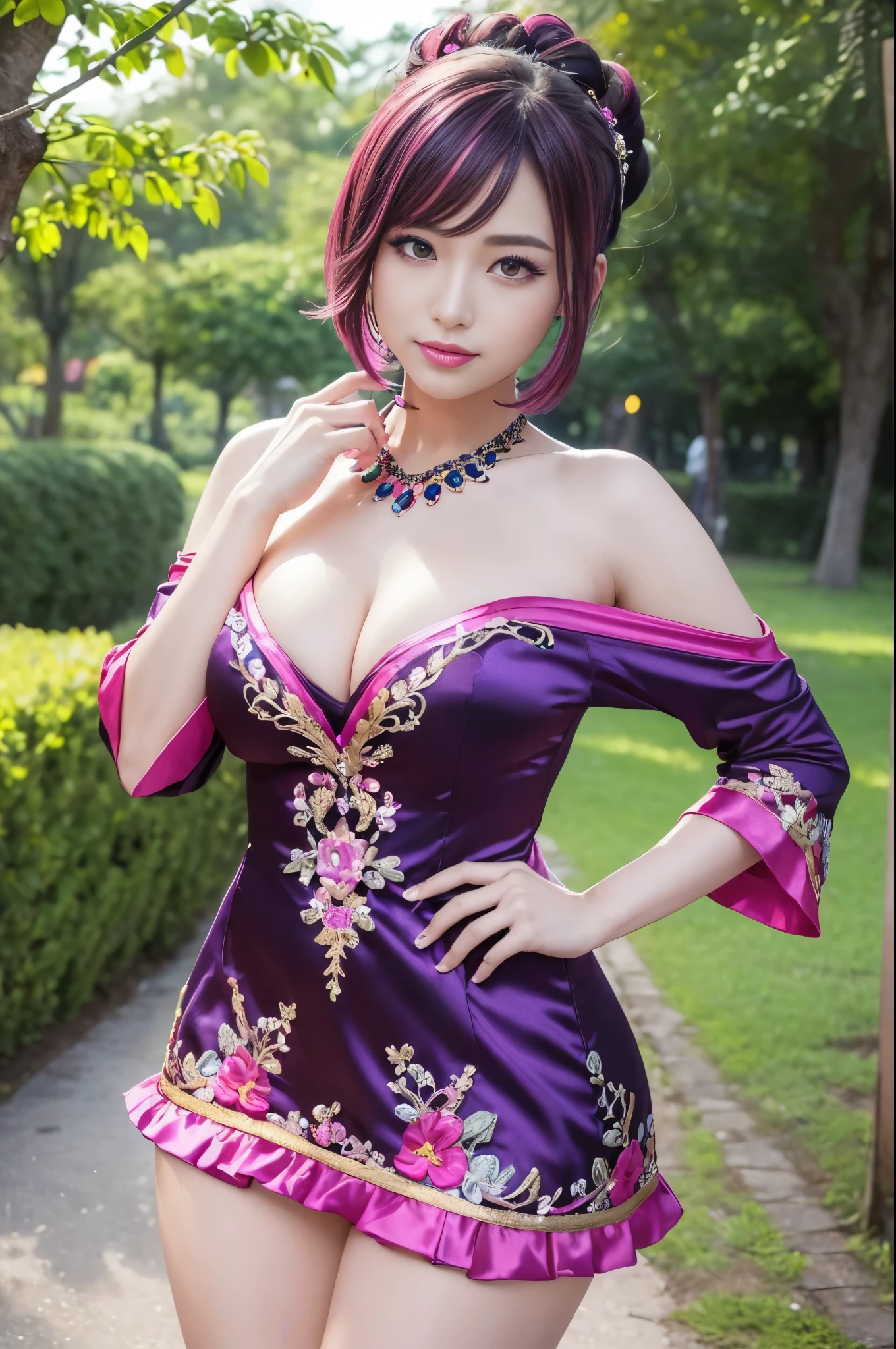 (masterpiece:1.4), (best quality:1.4), ultra high res, ultra high resolution, ((detailed facial features)), HDR, (realistic, photorealistic, photo-realistic:1.37), full body Esbian, sexy Thai model, (-anime), only 1 model, vivid colors, ((vivid colors multicolor (fuchsia, pink, light blue, purple) very short hair)), (big smile), lip-gloss, long lashes, defined eyebrows, wearing large sparkling colorful jewelery, wearing a red silk Paradise Kiss cosplay dress with black floral embroidery, ((vivid colors outfit)), vivid colors, look at the camera, cinematic light, large park background with trees, sweet and sexy pose