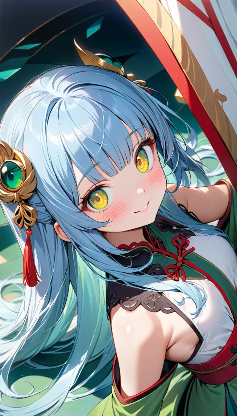 masterpiece, best quality, extremely detailed, (illustration, official art:1.1), 1 girl ,(((( light blue hair)))), ,(((( light blue long hair)))),light blue hair, ,((blush)) , cute face, big eyes, masterpiece, best quality,(((((a very delicate and beautiful girl))))),Amazing,beautiful detailed eyes,blunt bangs((((little delicate girl)))),(((tareme))),droopy eyes.(true beautiful:1.2), sense of depth,dynamic angle,,,, affectionate smile, (true beautiful:1.2),,(tiny 1girl model:1.2),)(flat chest),(masterpiece), (best quality), sharp focuse, (close up), illustration, (detailed hair, detailed face, detailed features structure), ((1 woman, solo)), perfect feminine face, pose zitai,  ((green eyes,yellow eyes, beautiful shapes of eyes)), Casual clothing、black turtleneck outfit, (Gradient  background, Particle background: 1.3)
、score_9,score_8_up,score_7_up,score_6_up,score_5_up, ,, highres,8k,official art, pale skin, shiny skin,  Various hairstyle samples, (((Gradient Eye)))