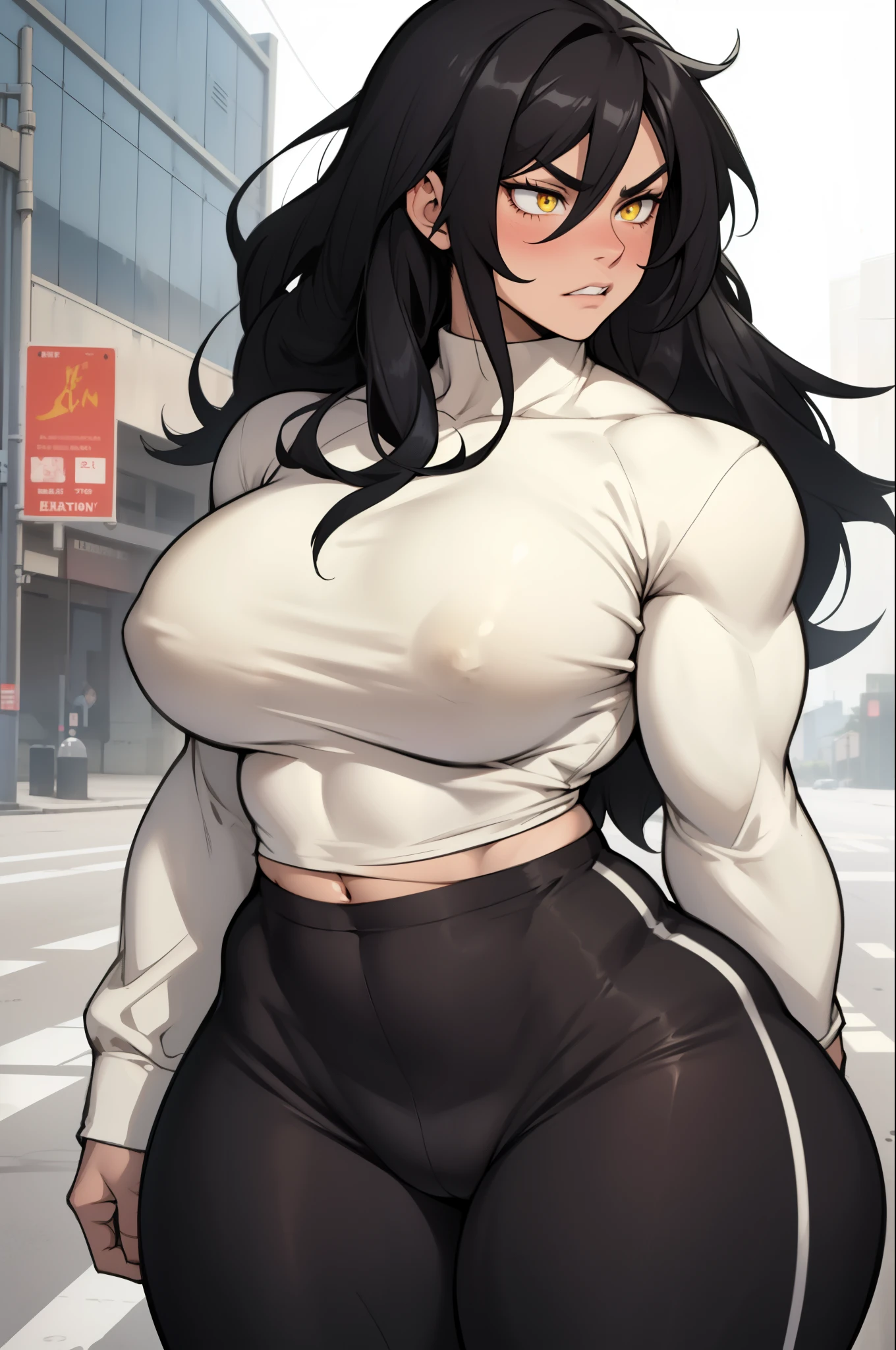 1girl solo black hair yellow eyes very long hair pale skin muscular muscular muscular muscular toned body huge muscles thick thighs girl tight clothes angry blushing messy hair leggings tight shirt long sleeves thick thick thick thick thick thick