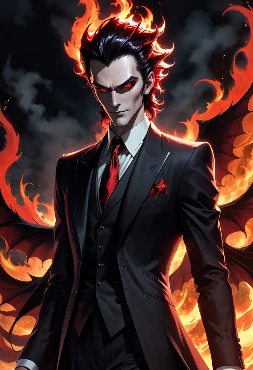 Illustrate a character embodying the essence of Asmodeus, a figure from lore known for its shrewd and cunning nature. Give this character an air of sophistication and intelligence, highlighting these aspects through their attire and facial expressions.This tall and slender figure could be seen wearing a dapper suit, his features sharp, his eyes glowing a sinister yet intriguing red. His hair could be black and slicked-back leaving a debonair impression. Keep in mind the environment, a dark room lit by mysterious, ethereal flames, further enhancing the devious aura of the character.
