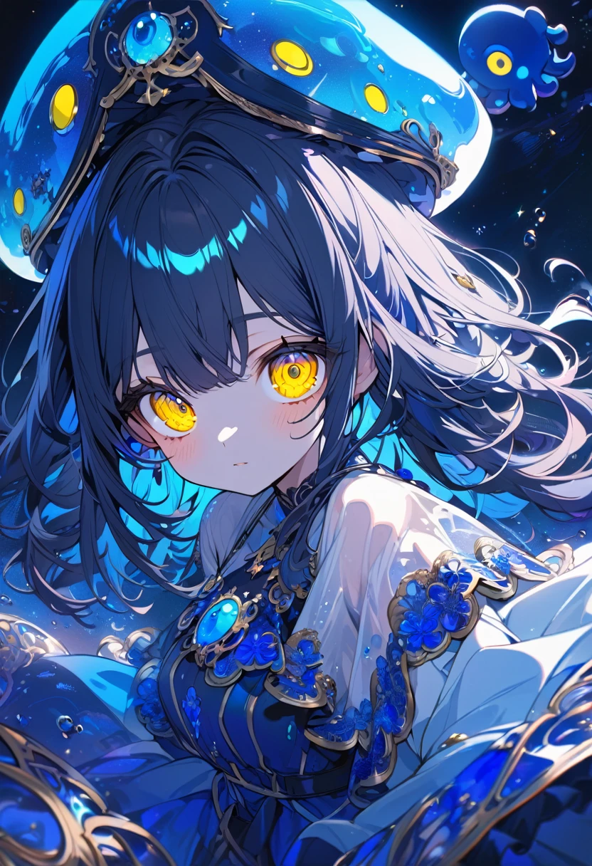 anime girl, dark blue hair, yellow eyes, phosphorescent blue octopus-shaped hat, transparent blue dress, Ultra detailed, detailed eyes, vivid colors, marine colors, beautiful.