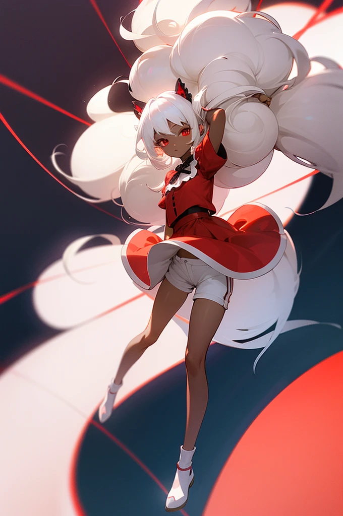 A brunette kids cute kawaii appearance beautiful dark skin white hair red eyes with voluminous curly white hair full body view shorts and blouse