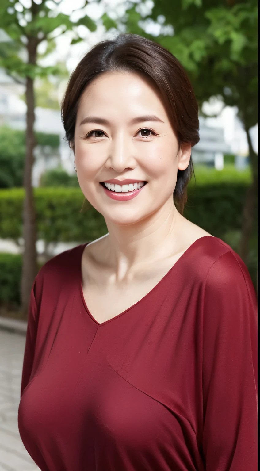 Standing in the park, Wrinkles around the eyes, Smiling with teeth showing, Plain short-sleeved clothing, senior citizen, Draw lips correctly, Red lipstick, No discomfort, 16K, Highest quality, Very detailed, Realistic, Very detailed肌, (Japanese), (alone), 60 years old, Large Breasts, , Glamour, sexy, Chromo White Skin, Staring straight ahead,