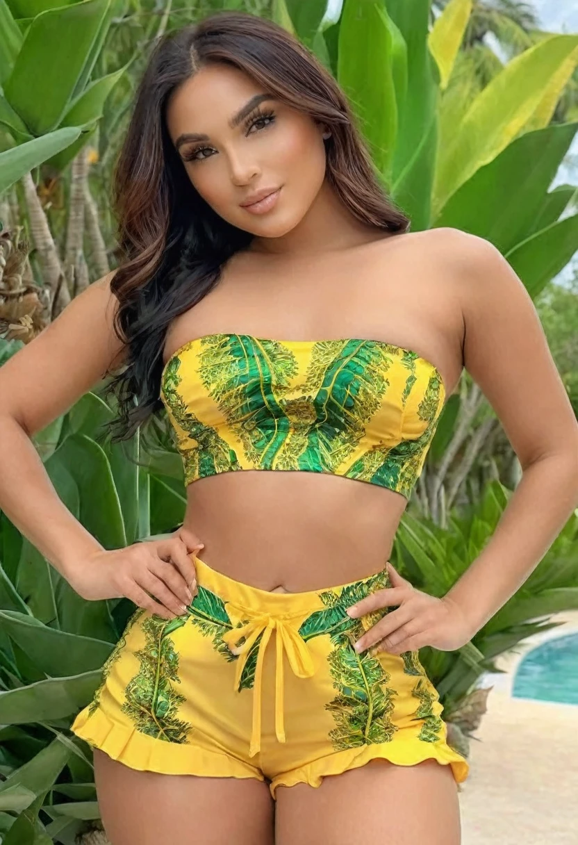 (((high quality:1.2))), work of art, (8k), extremely detailed, ((High detail:1.2)), ((best resolution:1.4)), (HotLexi woman), Solo, (pretty perfect Brazilian with 24 years), (strapless crop top, mini-shorts), 