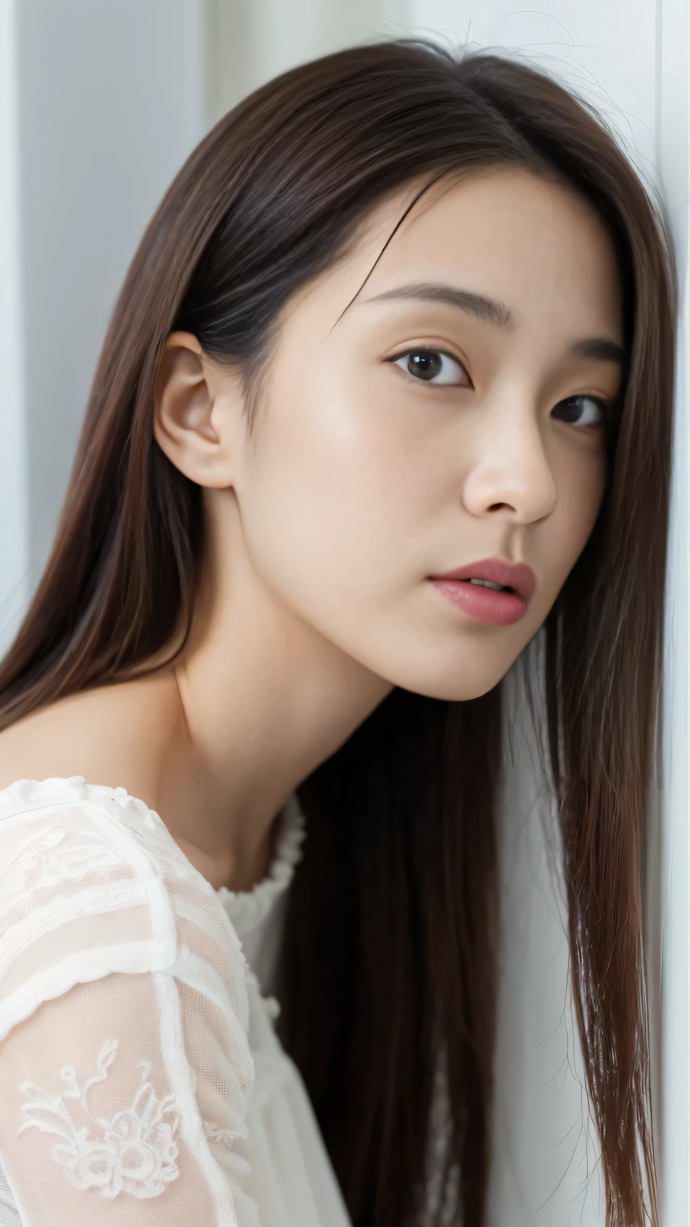 ((Highest quality、8k、masterpiece:1.3))、Ultra-high resolution、(photoGenuineistic:1.4)、Tabletop、White wall、In front of a white door、Photographed in natural light、Grey long-sleeved dress、RAW Photos、Japanese,(face)、Genuine、((profile))、Photographed in natural light、Highly detailed face and skin texture、Very detailed唇、The correct state of the human body、Straight hair、Light Hair Color、Various poses、Natural color lip 、Long Hair、((Light brown straight hair))、Straight hair、Shot in the back、Don&#39;Don&#39;Don&#39;t look at the camera、Angle from behind、Very detailed、30th generation、actress、Hair is straight、Enhances hair shine