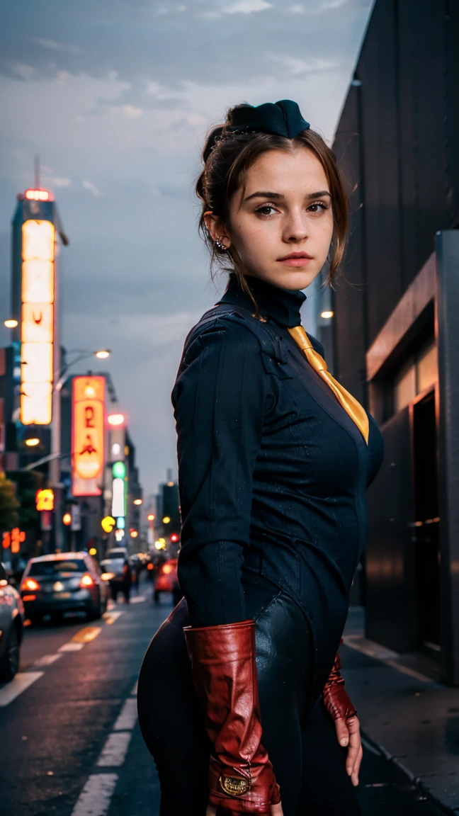 (masterpiece), (best quality), (solo, 1girl), (photorealistic1.4), (), (Emma Watson), (adult woman), (sfJuli latex costume), (sfJuli bodysuit), brown hair, hat, (sfJuli orange necktie), (sfJuli red gloves), (navy blue ribbed bodysuit) , (epiCRealLife:1.0), (flashphoto), (flash photography), (on Tokyo Night street), (neon lights), (pose for pictures)