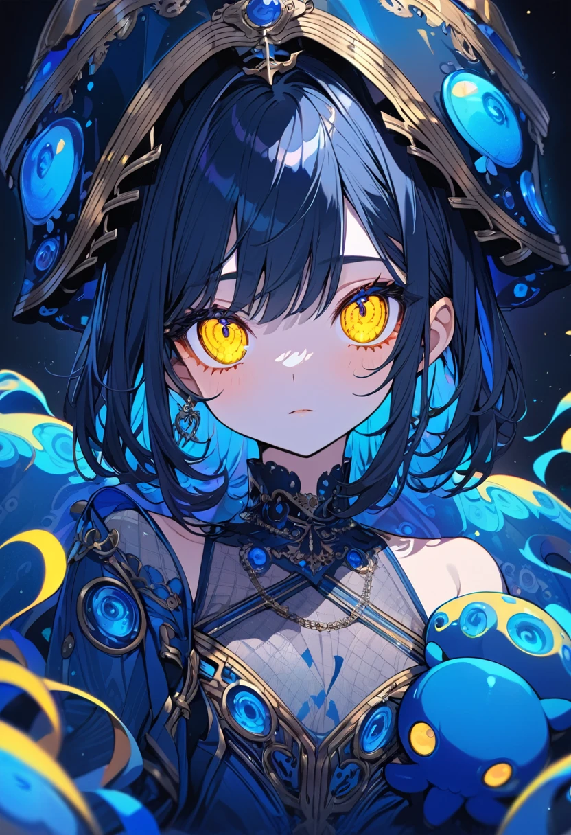 anime girl, dark blue hair, yellow eyes, phosphorescent blue octopus-shaped hat, transparent blue dress, Ultra detailed, detailed eyes, vivid colors, marine colors, beautiful.